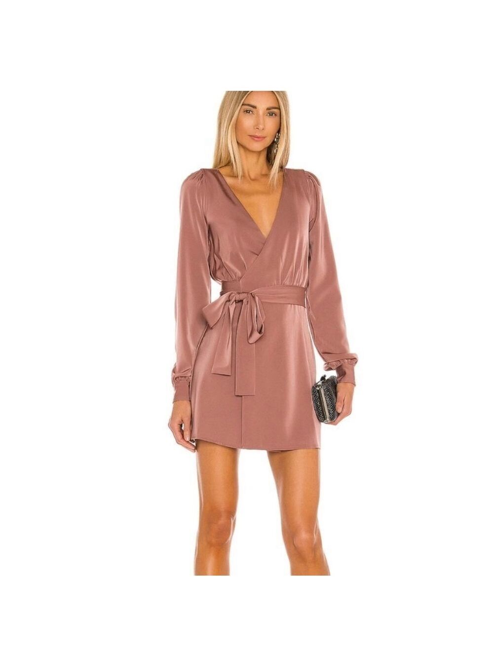 EUC NBD Wrap Mini Dress Long Sleeve Rust Satin XS